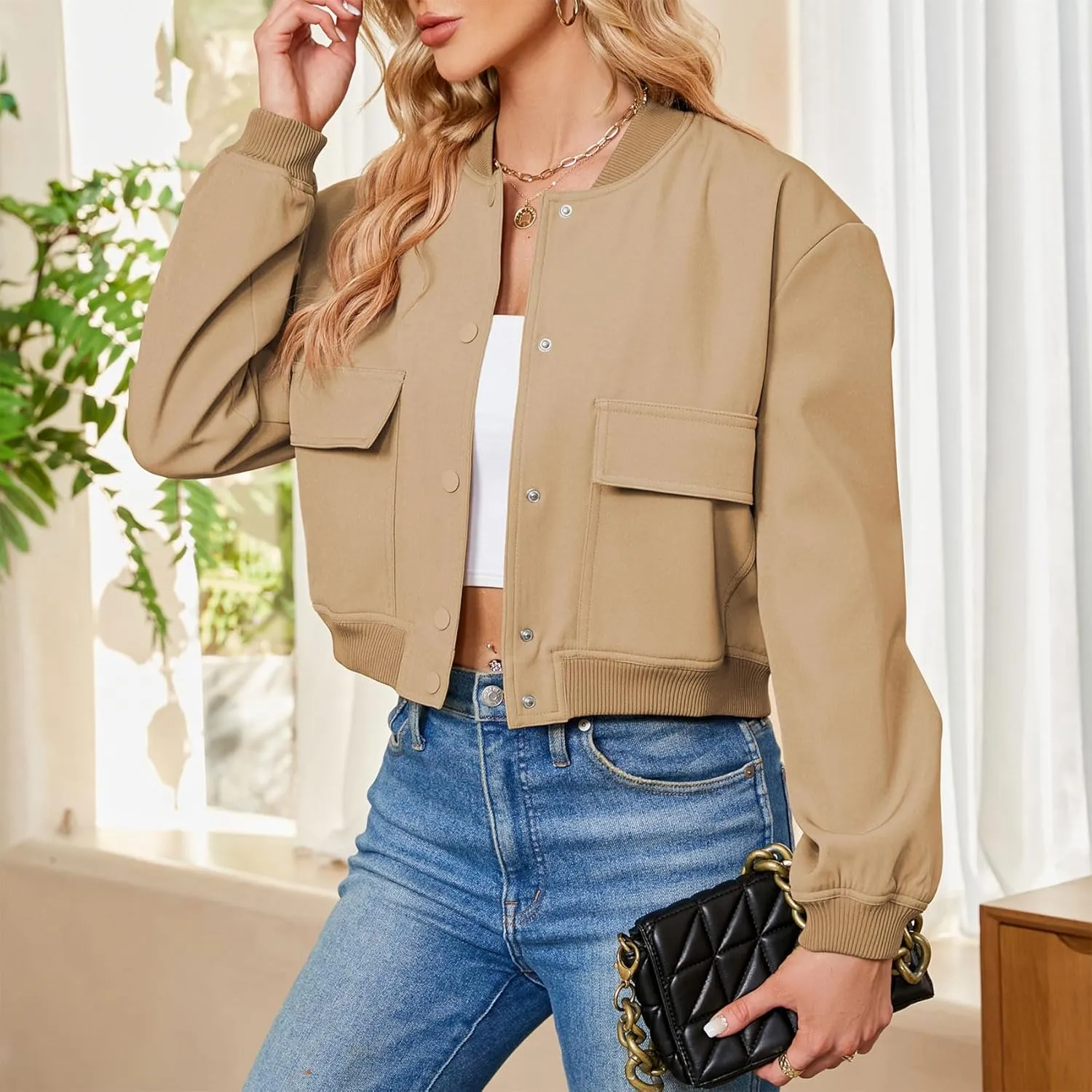 Durio Womens Bomber Jacket Fashion Short Cropped Jacket Casual Jackets for Women Varsity Jacket with Pockets Spring Fall