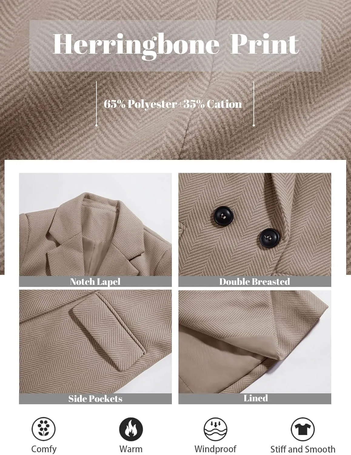 Ebifin Women's Notch Lapel Double Breasted Trench Coat Peacoat Winter Casual Long Blazer Jacket Overcoat