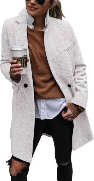 Ebifin Women's Notch Lapel Double Breasted Trench Coat Peacoat Winter Casual Long Blazer Jacket Overcoat