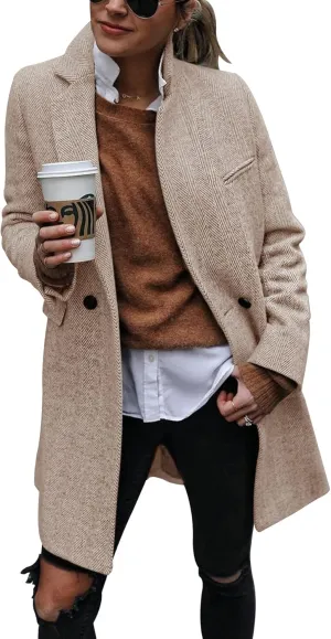 Ebifin Women's Notch Lapel Double Breasted Trench Coat Peacoat Winter Casual Long Blazer Jacket Overcoat