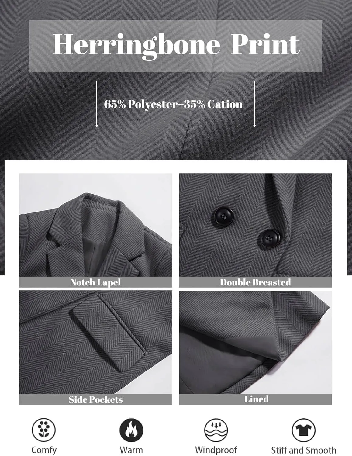 Ebifin Women's Notch Lapel Double Breasted Trench Coat Peacoat Winter Casual Long Blazer Jacket Overcoat