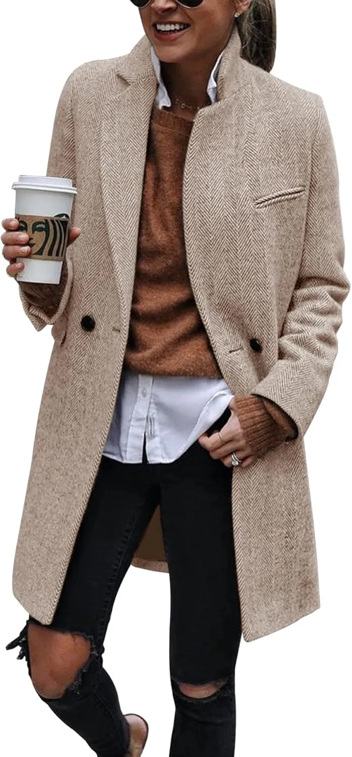 Ebifin Women's Notch Lapel Double Breasted Trench Coat Peacoat Winter Casual Long Blazer Jacket Overcoat