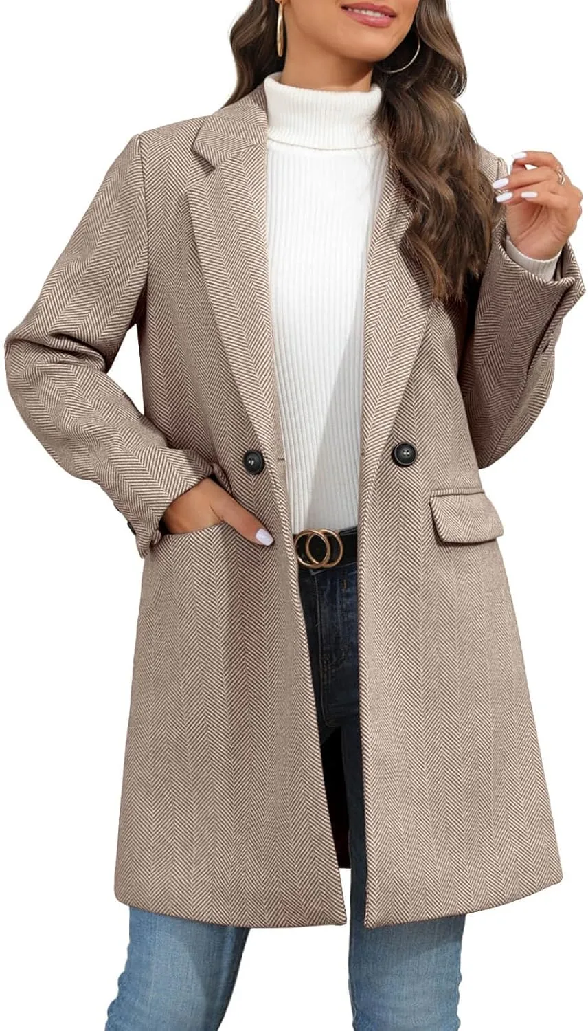 Ebifin Women's Notch Lapel Double Breasted Trench Coat Peacoat Winter Casual Long Blazer Jacket Overcoat