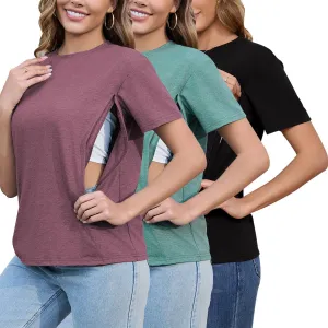 Ecavus Women's 3-Pack Nursing Shirts for Breastfeeding with Hidden Zippers Loose Fit Maternity Tops