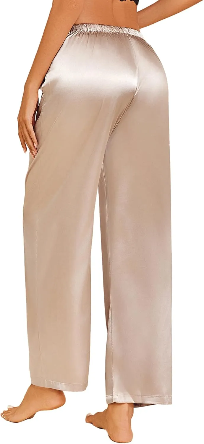 Ekouaer Womens Silk Satin Pajama Pants Casual Loose Lounge Pants Drawstring Elastic Waist Wide Leg Pj Bottoms with Pockets