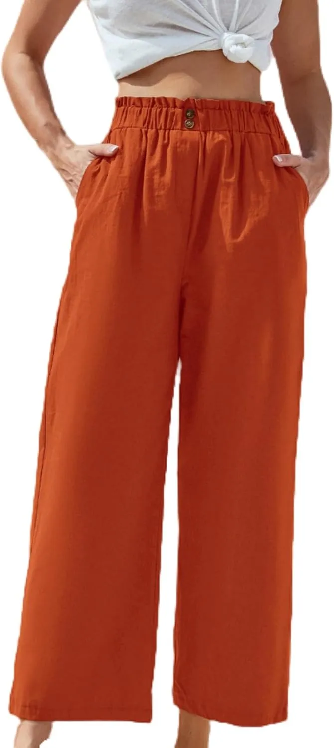 eoeioa Cropped Linen Pants Women Button Fly Elastic Waist Beach Pants Summer Baggy Comfy Flowy Ankle Pant with Pockets