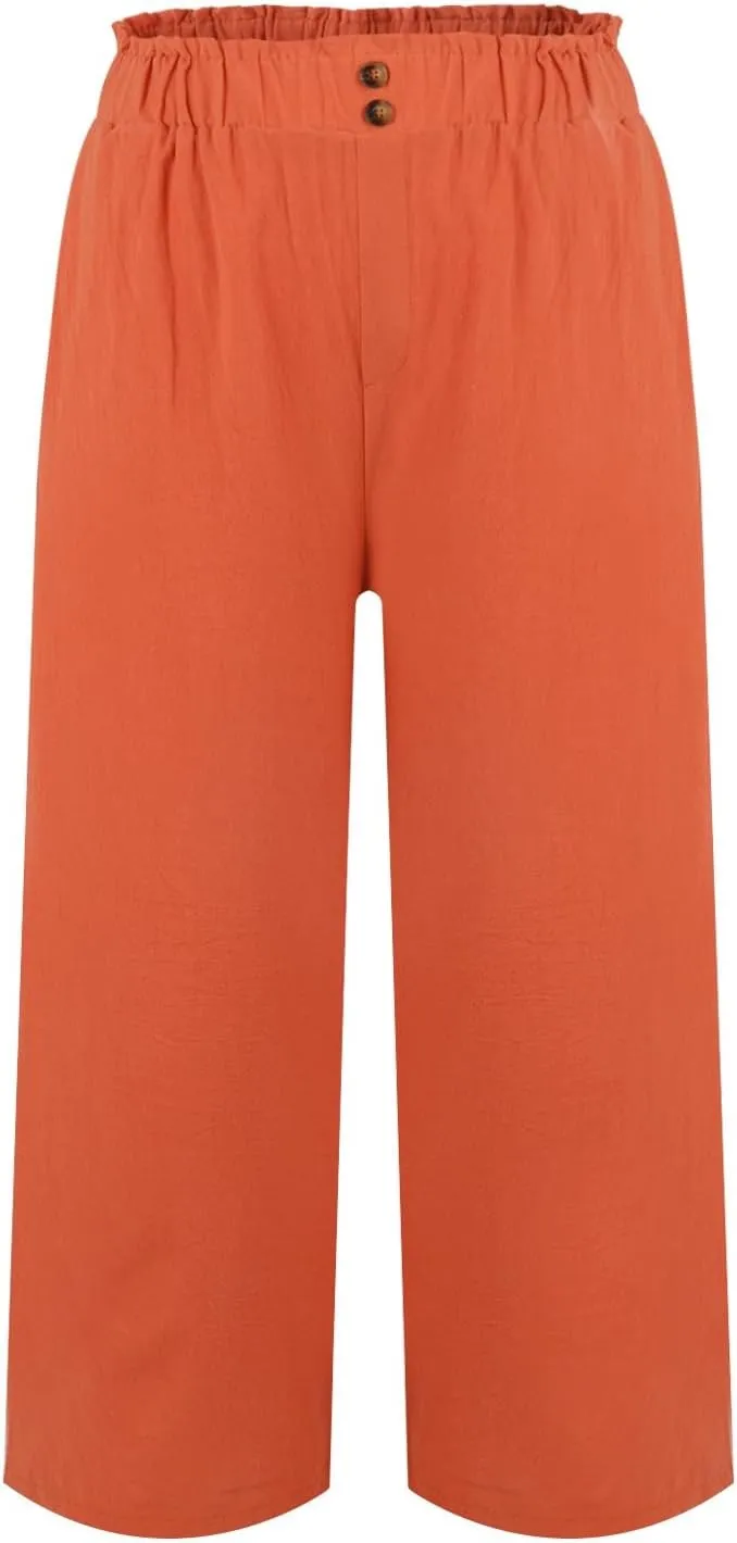 eoeioa Cropped Linen Pants Women Button Fly Elastic Waist Beach Pants Summer Baggy Comfy Flowy Ankle Pant with Pockets