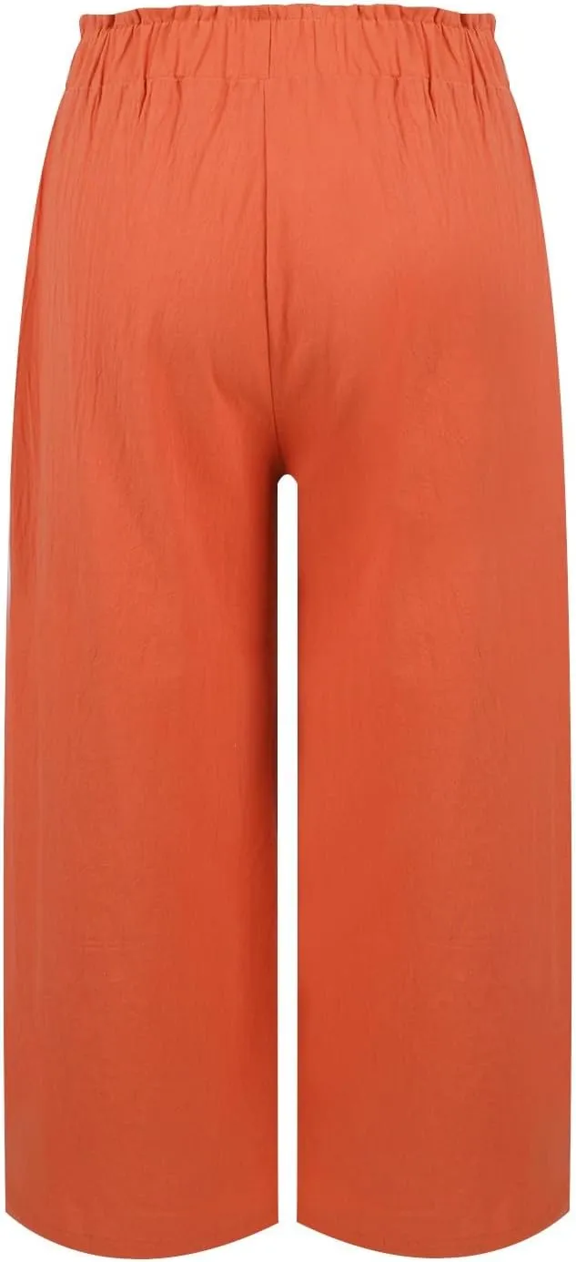 eoeioa Cropped Linen Pants Women Button Fly Elastic Waist Beach Pants Summer Baggy Comfy Flowy Ankle Pant with Pockets