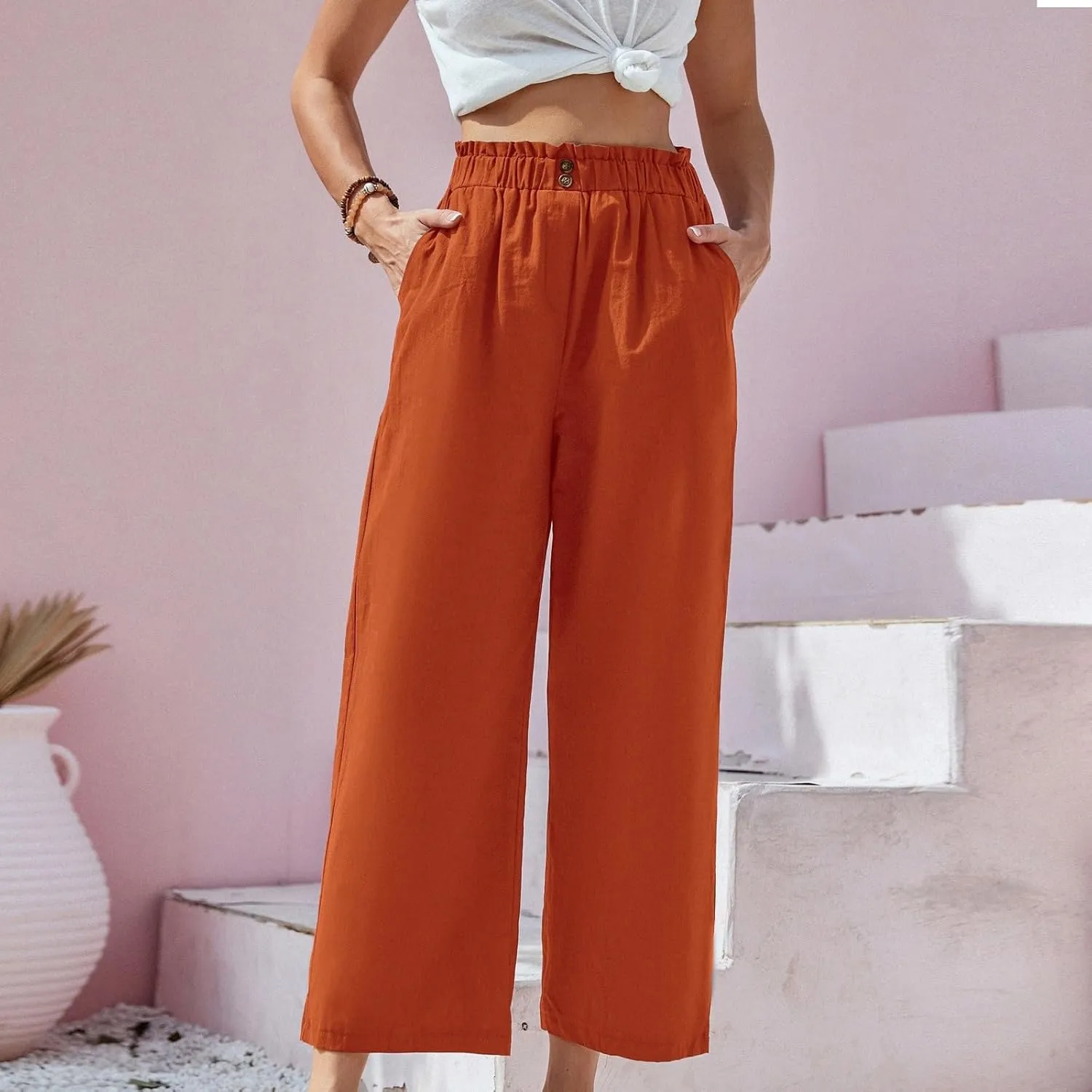 eoeioa Cropped Linen Pants Women Button Fly Elastic Waist Beach Pants Summer Baggy Comfy Flowy Ankle Pant with Pockets
