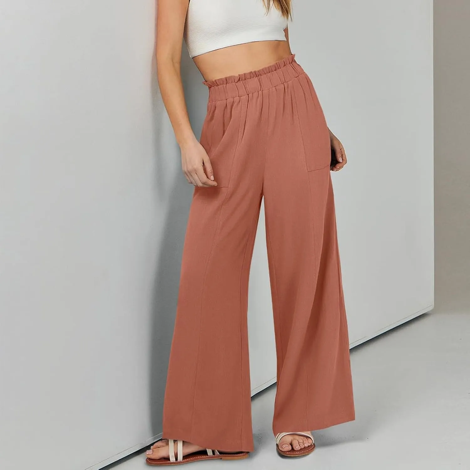 eoeioa Wide Leg Linen Pants for Women Summer Elastic High Waisted Palazzo Pants Business Casual Beach Trousers with Pockets