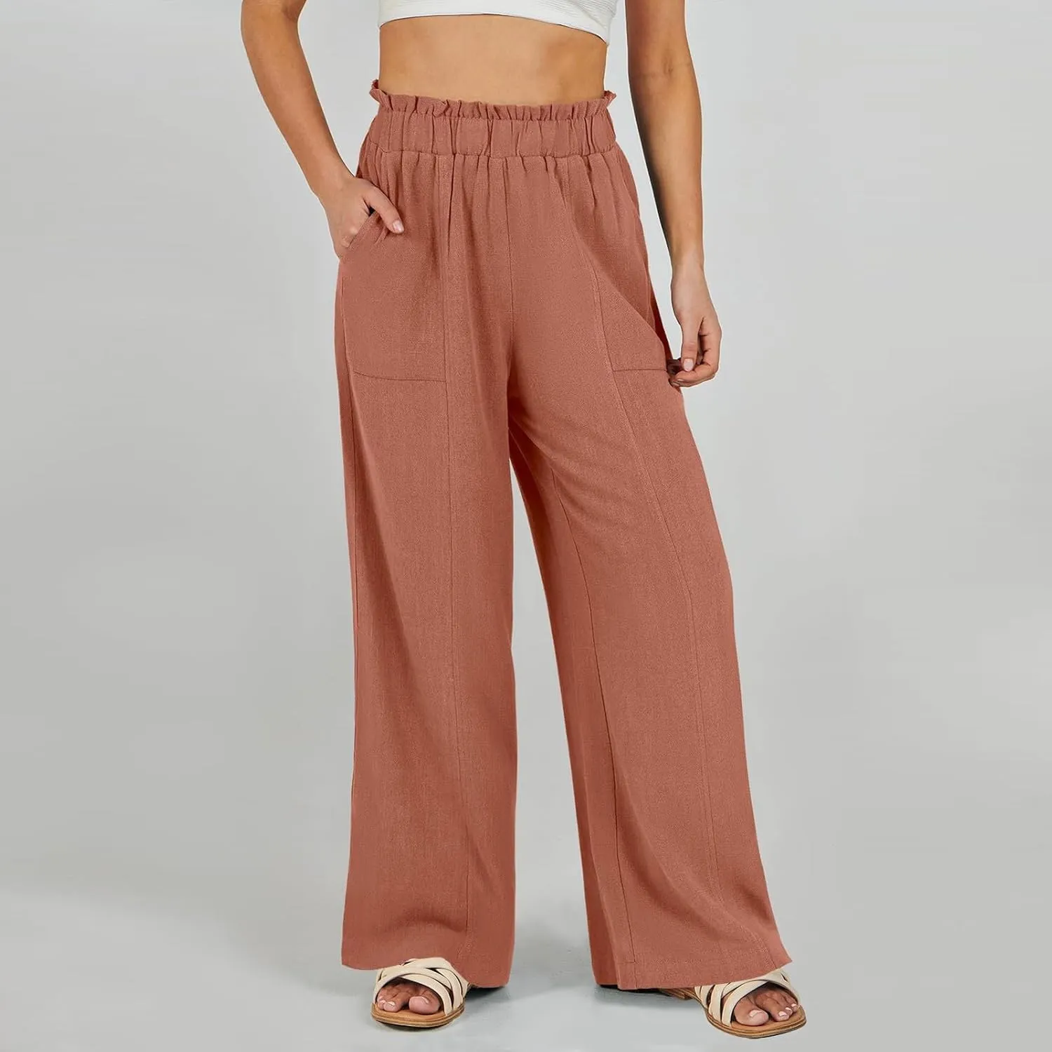 eoeioa Wide Leg Linen Pants for Women Summer Elastic High Waisted Palazzo Pants Business Casual Beach Trousers with Pockets