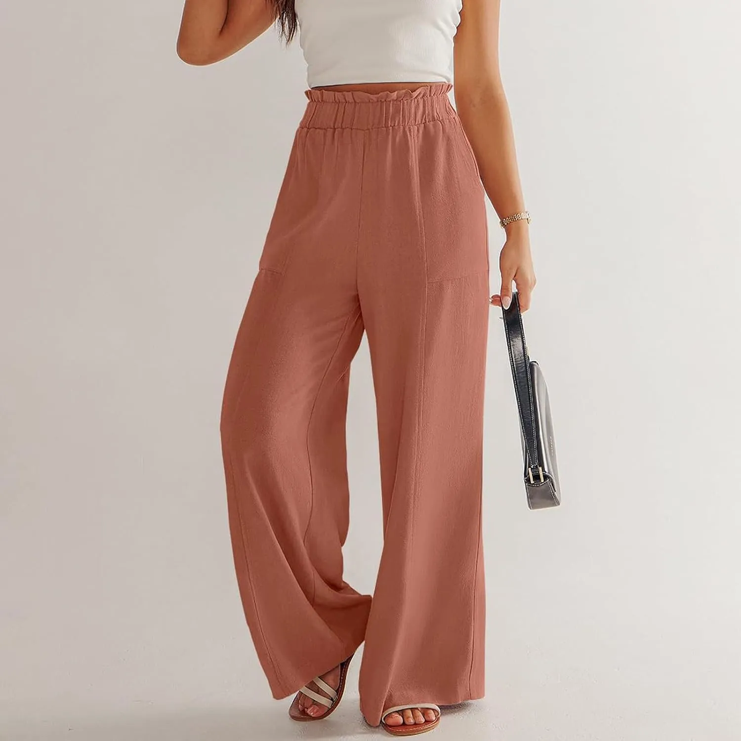 eoeioa Wide Leg Linen Pants for Women Summer Elastic High Waisted Palazzo Pants Business Casual Beach Trousers with Pockets