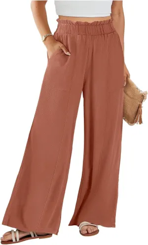 eoeioa Wide Leg Linen Pants for Women Summer Elastic High Waisted Palazzo Pants Business Casual Beach Trousers with Pockets