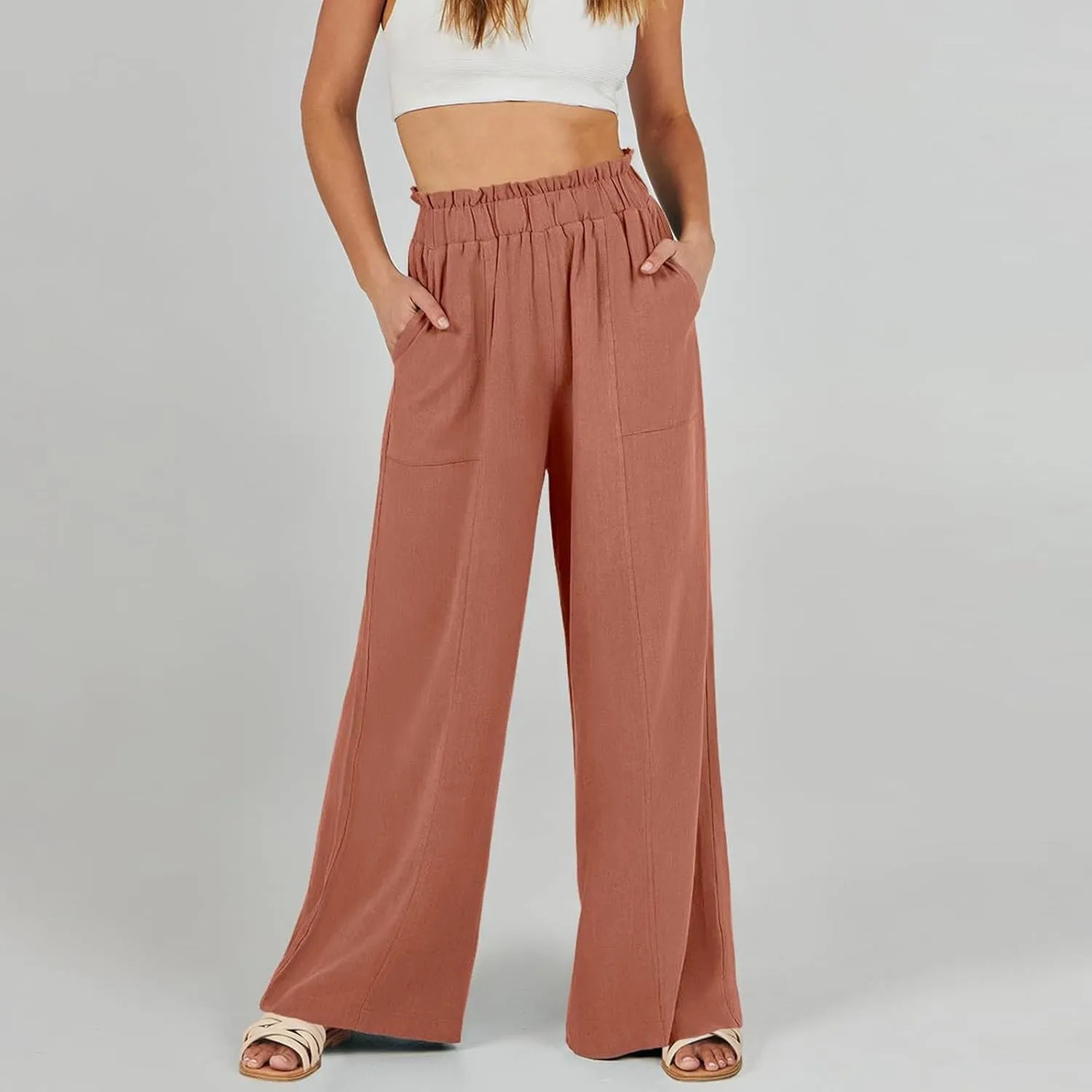 eoeioa Wide Leg Linen Pants for Women Summer Elastic High Waisted Palazzo Pants Business Casual Beach Trousers with Pockets