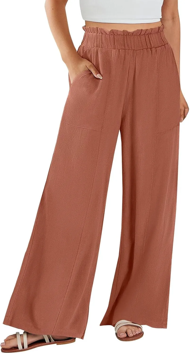 eoeioa Wide Leg Linen Pants for Women Summer Elastic High Waisted Palazzo Pants Business Casual Beach Trousers with Pockets