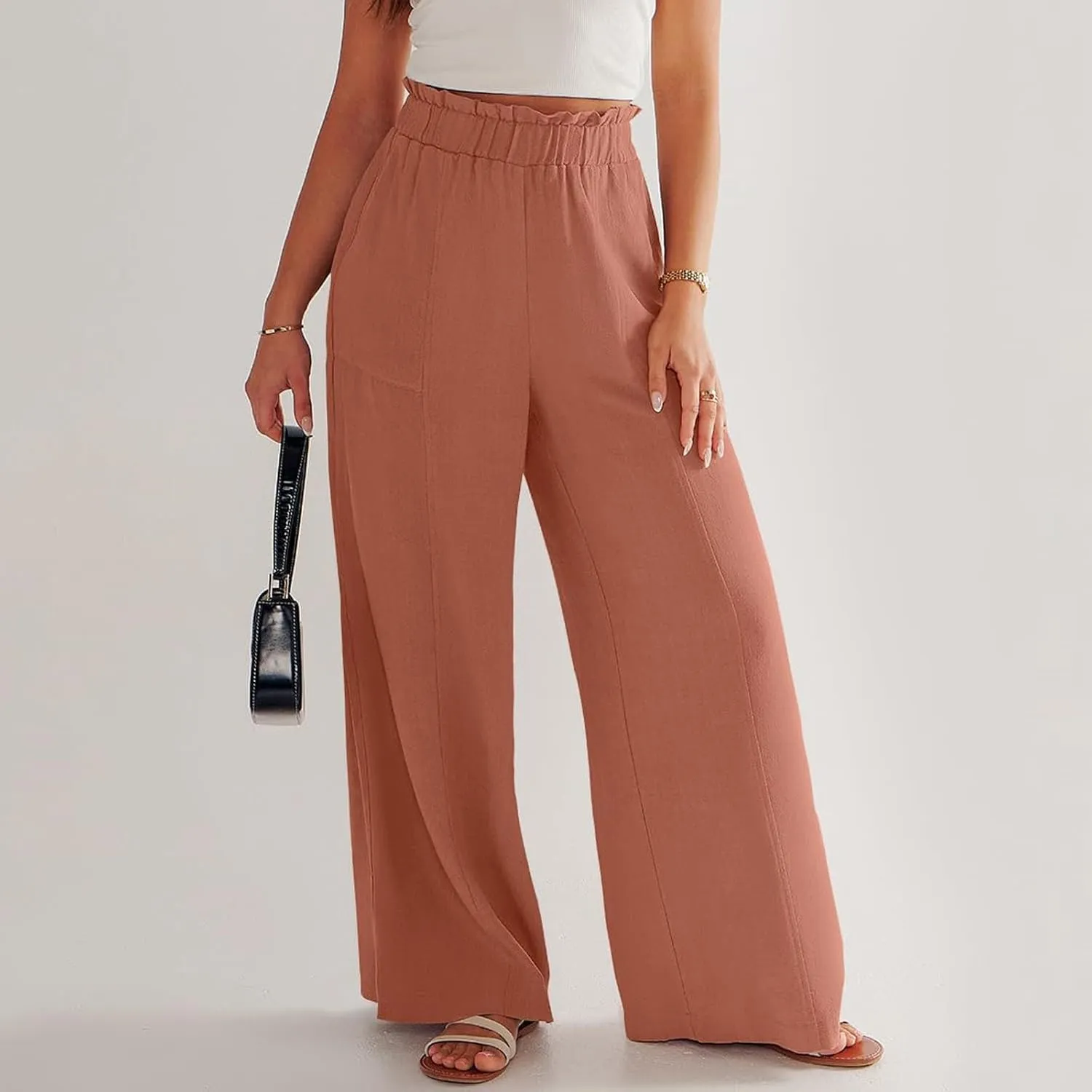 eoeioa Wide Leg Linen Pants for Women Summer Elastic High Waisted Palazzo Pants Business Casual Beach Trousers with Pockets
