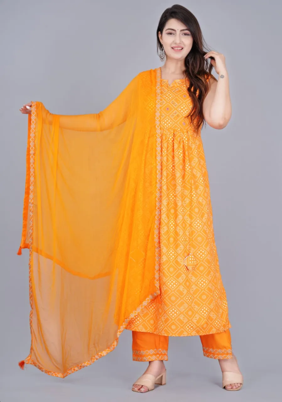 Exquisite Hand-Worked Nayra Cut Kurti Set with Pant and Embroidered Border Dupatta