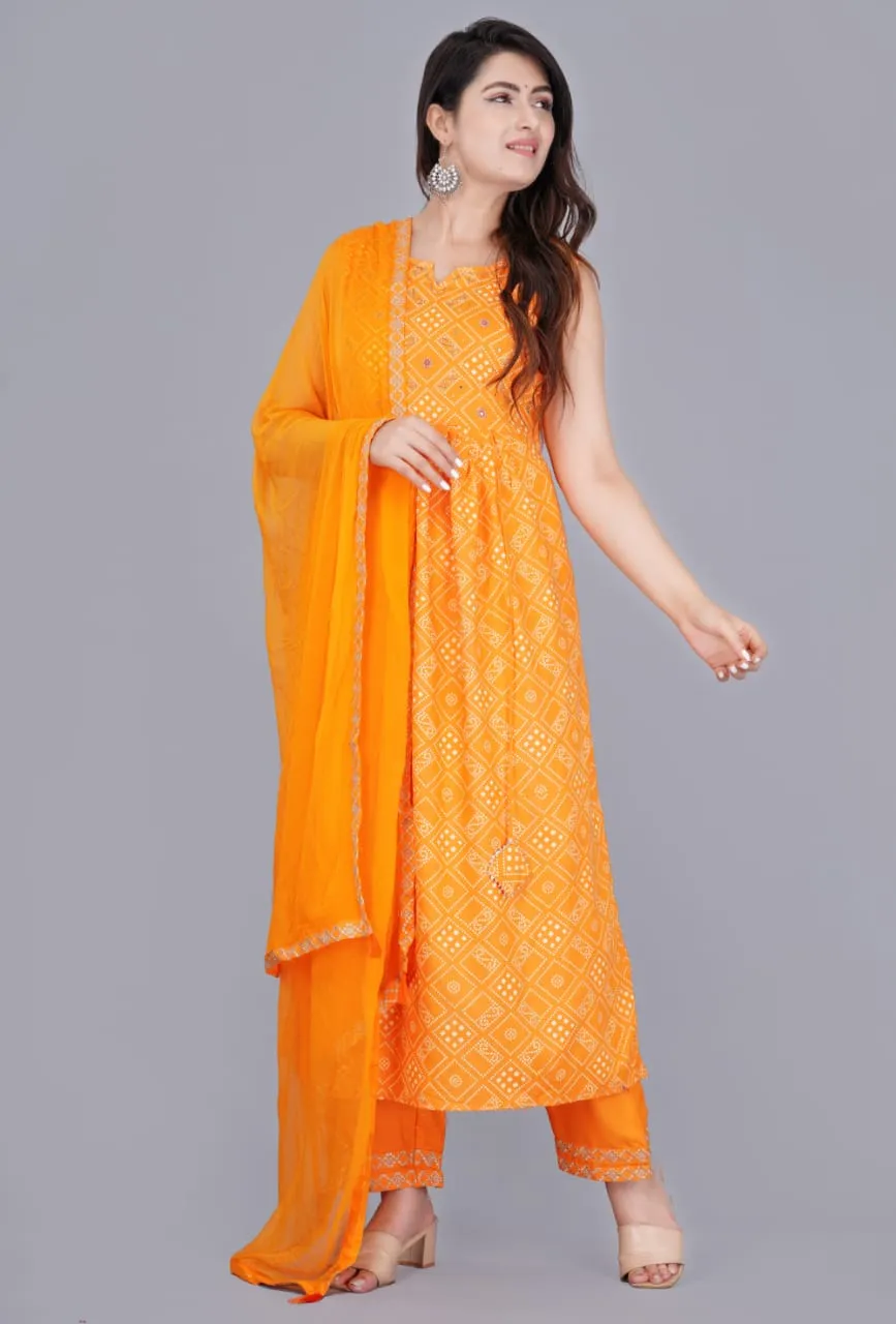 Exquisite Hand-Worked Nayra Cut Kurti Set with Pant and Embroidered Border Dupatta