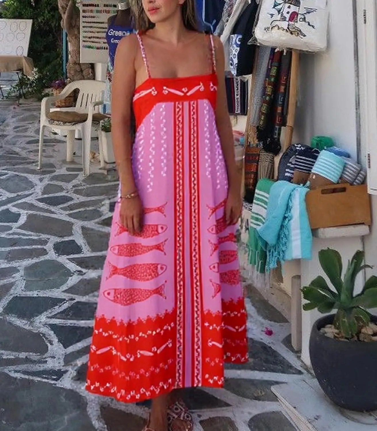 Faretumiya Women Spaghetti Strap Maxi Dress Graffiti Print Flowy Long Dresses Y2K Summer Vacation Cami Sundress