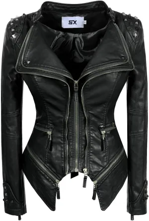 Fashion SX Women's Studded Rivets Faux Leather Jacket Plus Size Motorcycle Leather Casual Coats