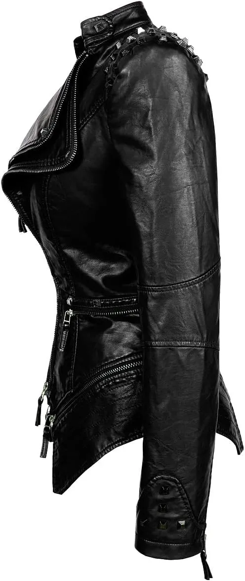 Fashion SX Women's Studded Rivets Faux Leather Jacket Plus Size Motorcycle Leather Casual Coats
