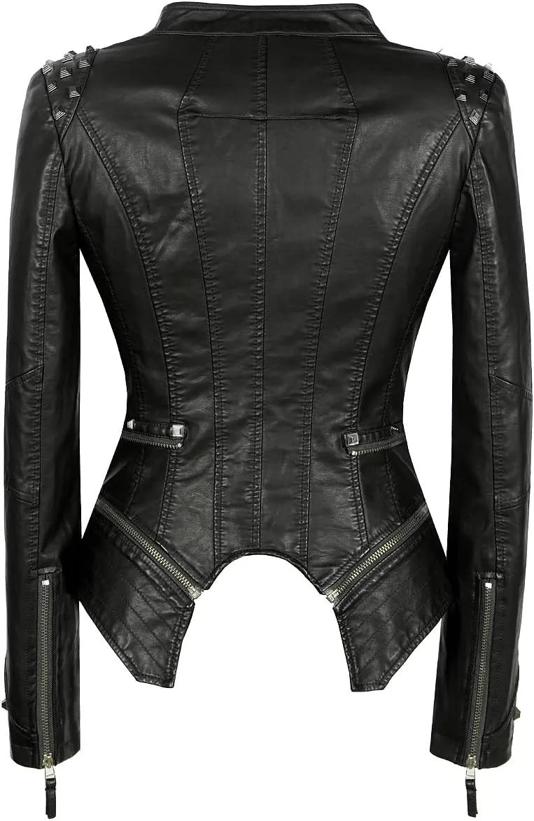 Fashion SX Women's Studded Rivets Faux Leather Jacket Plus Size Motorcycle Leather Casual Coats