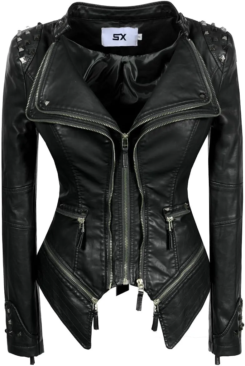 Fashion SX Women's Studded Rivets Faux Leather Jacket Plus Size Motorcycle Leather Casual Coats