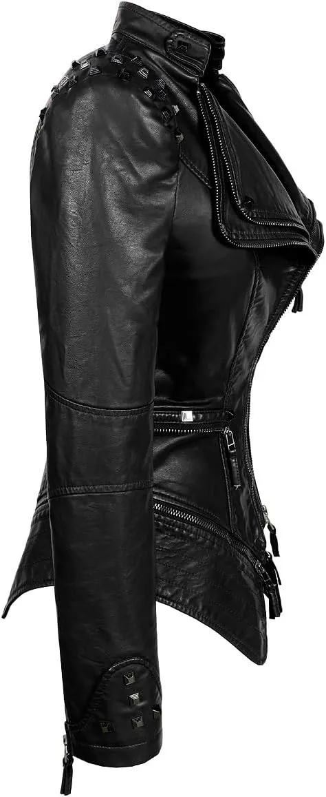 Fashion SX Women's Studded Rivets Faux Leather Jacket Plus Size Motorcycle Leather Casual Coats