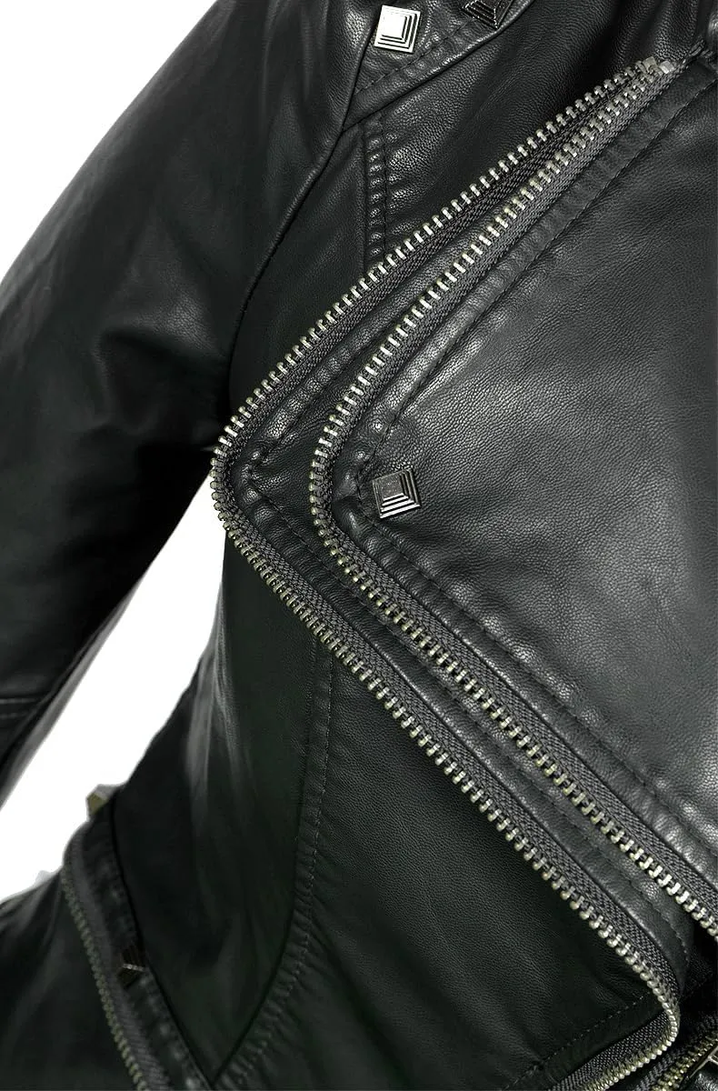 Fashion SX Women's Studded Rivets Faux Leather Jacket Plus Size Motorcycle Leather Casual Coats