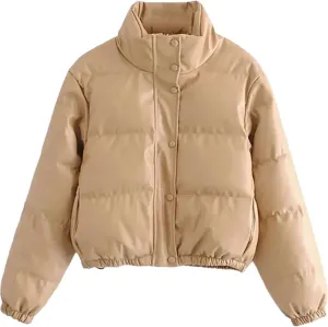 Female PU Leather Coats Women Short Parkas Cotton Padded Lady Down Jacket Elegant Zipper