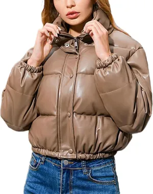 Female PU Leather Coats Women Short Parkas Cotton Padded Lady Down Jacket Elegant Zipper