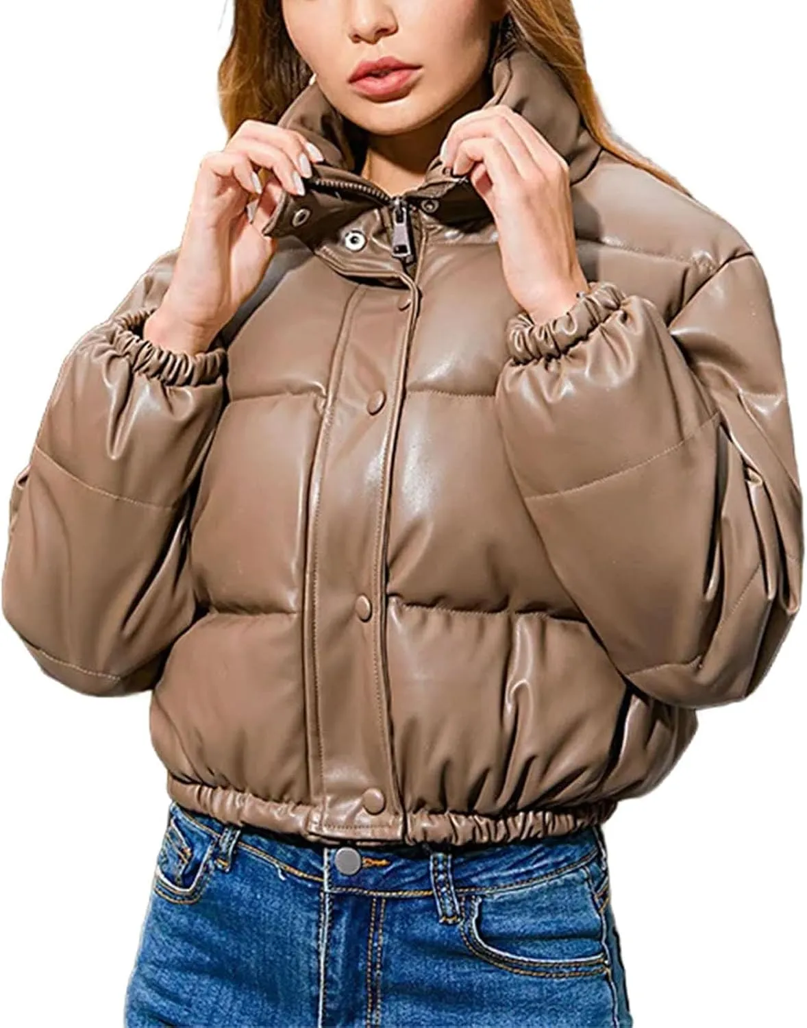 Female PU Leather Coats Women Short Parkas Cotton Padded Lady Down Jacket Elegant Zipper
