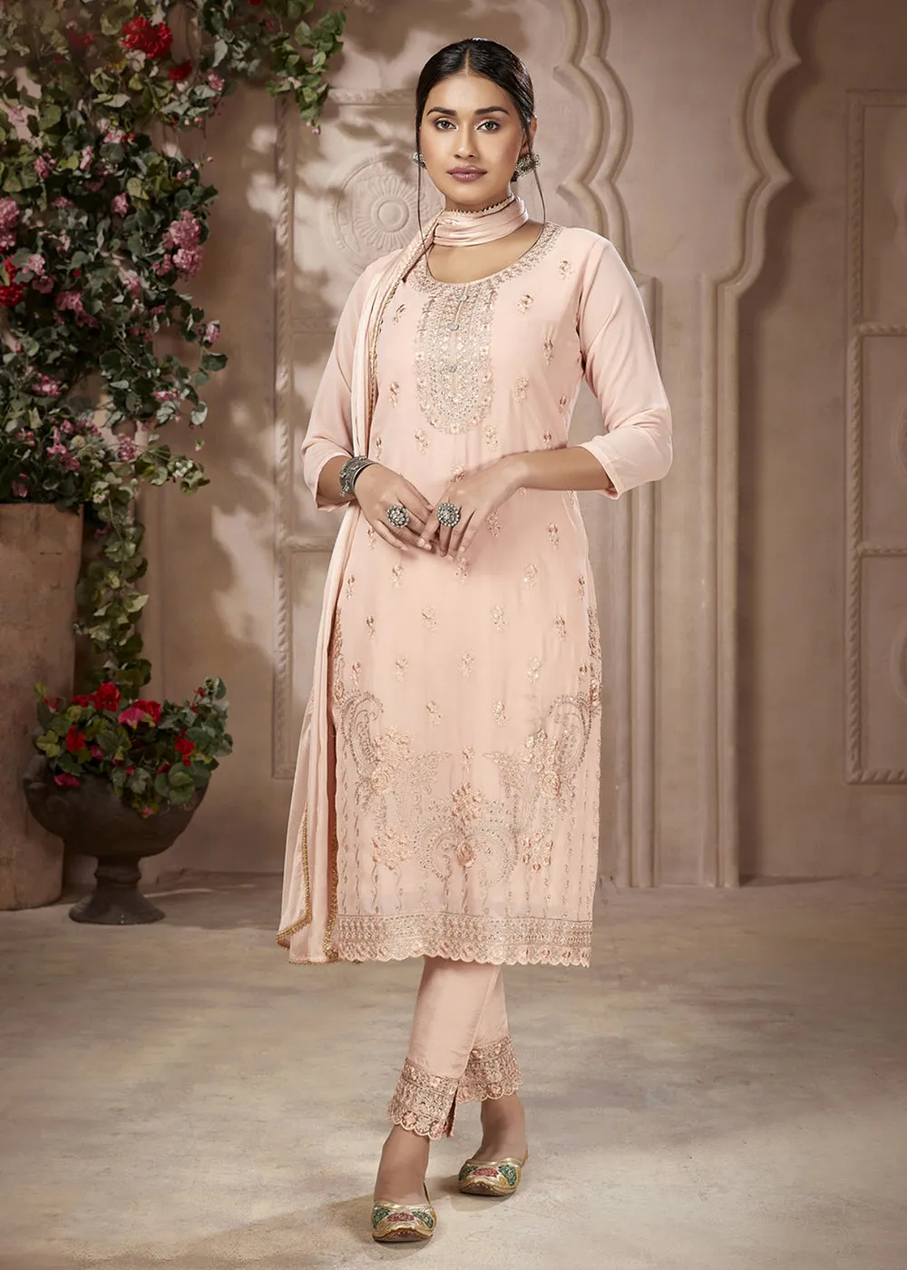 Festive Look Radiant Peach Embroidered Pant Style Salwar Suit