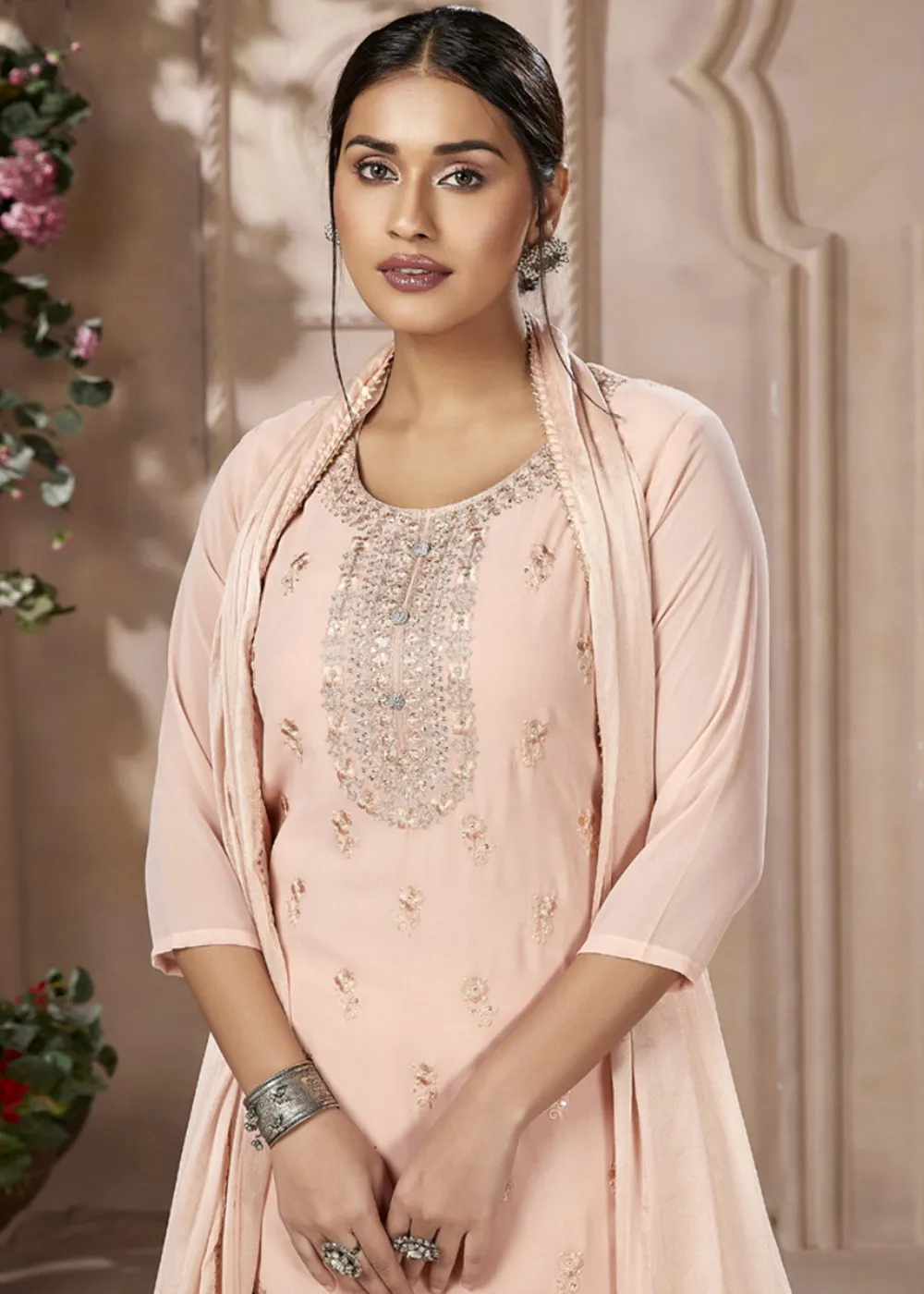 Festive Look Radiant Peach Embroidered Pant Style Salwar Suit