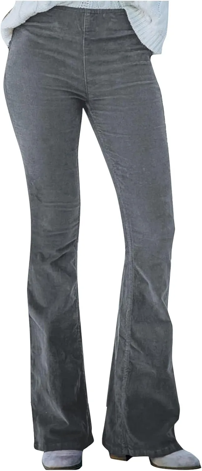 Flare Corduroy Pants for Women High Waisted Wide Leg Pants Elastic Waist Pull On Bell Bottoms Front Seam Slacks