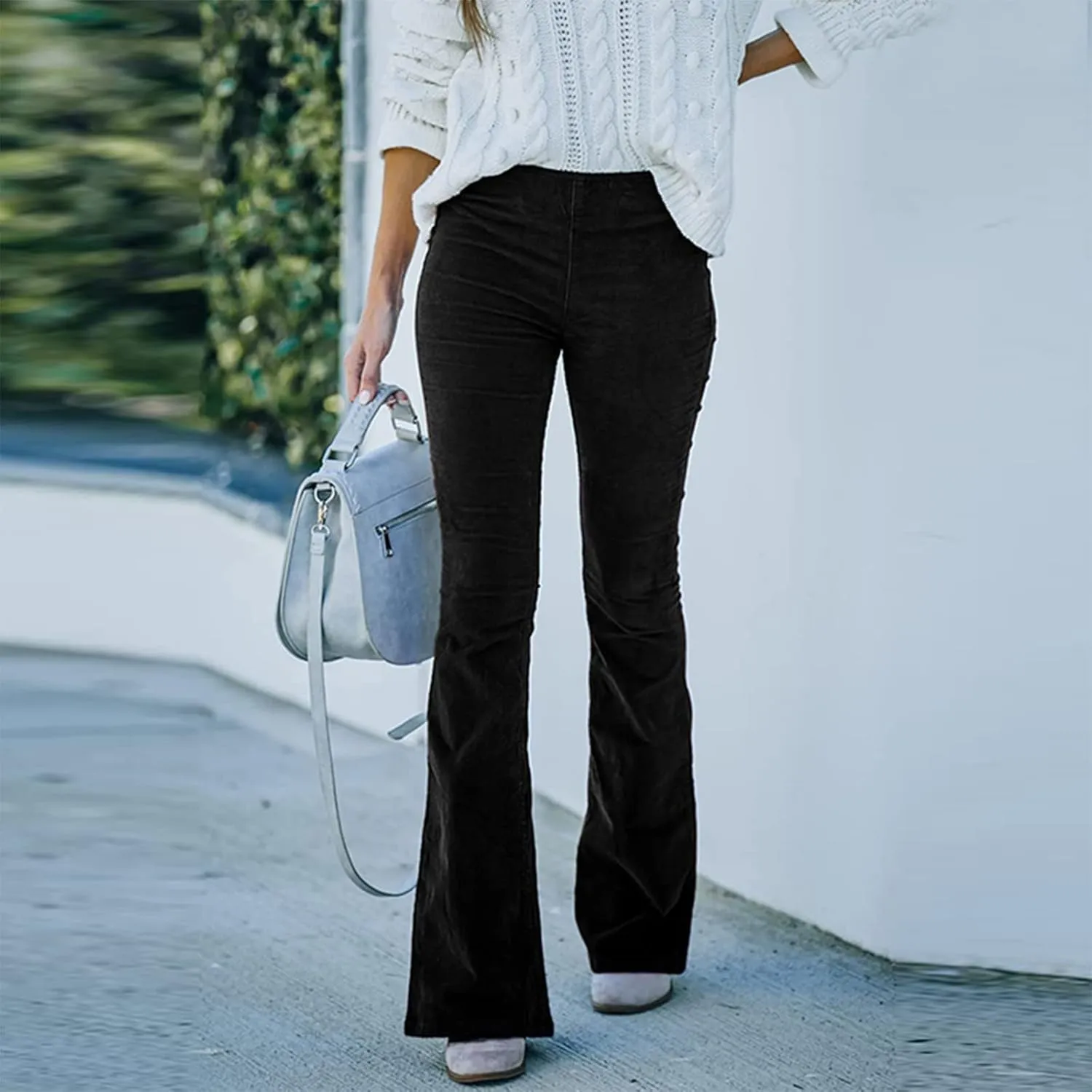 Flare Corduroy Pants for Women High Waisted Wide Leg Pants Elastic Waist Pull On Bell Bottoms Front Seam Slacks