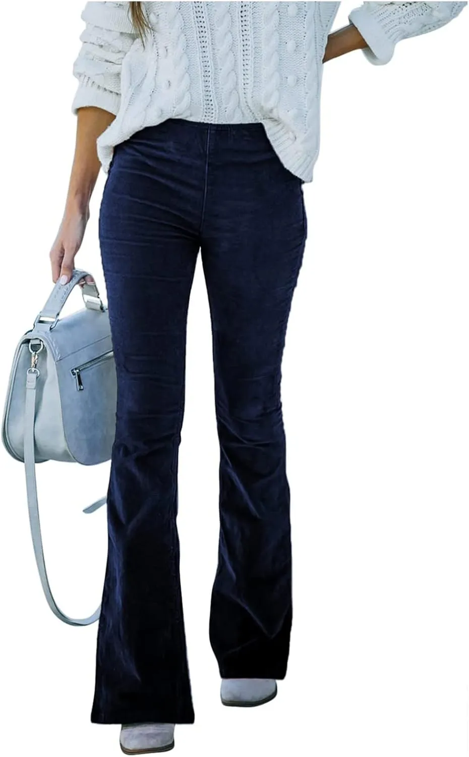 Flare Corduroy Pants for Women High Waisted Wide Leg Pants Elastic Waist Pull On Bell Bottoms Front Seam Slacks