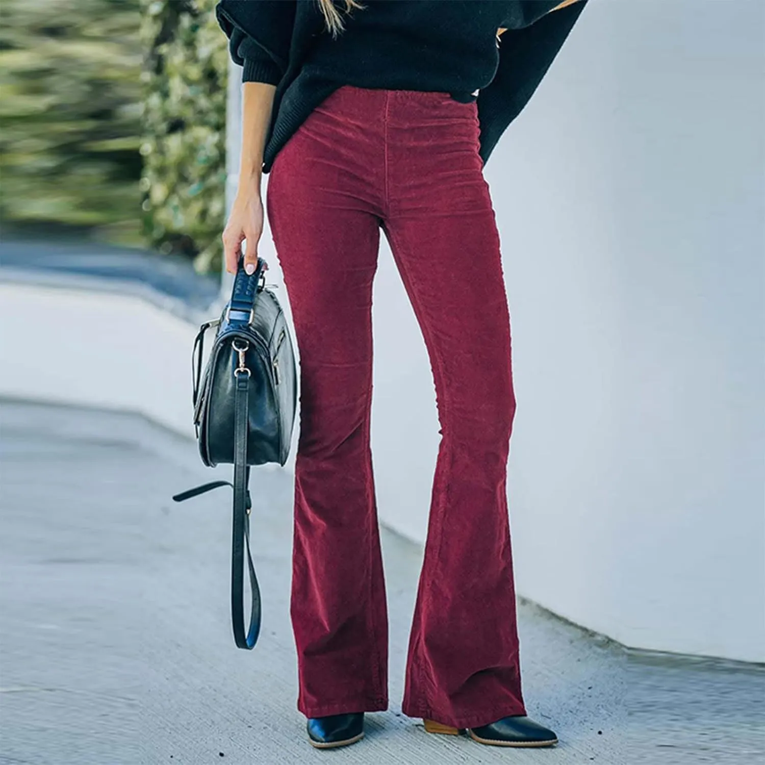 Flare Corduroy Pants for Women High Waisted Wide Leg Pants Elastic Waist Pull On Bell Bottoms Front Seam Slacks