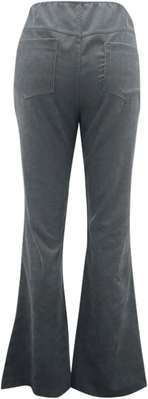 Flare Corduroy Pants for Women High Waisted Wide Leg Pants Elastic Waist Pull On Bell Bottoms Front Seam Slacks