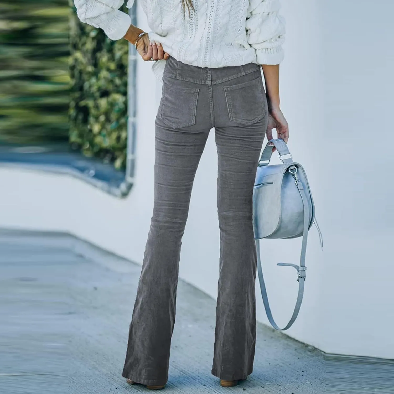 Flare Corduroy Pants for Women High Waisted Wide Leg Pants Elastic Waist Pull On Bell Bottoms Front Seam Slacks