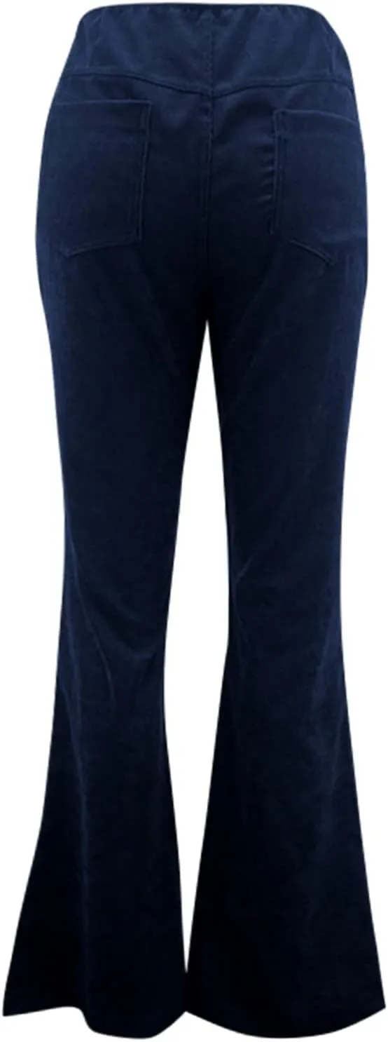 Flare Corduroy Pants for Women High Waisted Wide Leg Pants Elastic Waist Pull On Bell Bottoms Front Seam Slacks