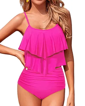 Flowy Two Piece Tankini Swimsuits With High Waisted Bottoms For Women-Neon Pink