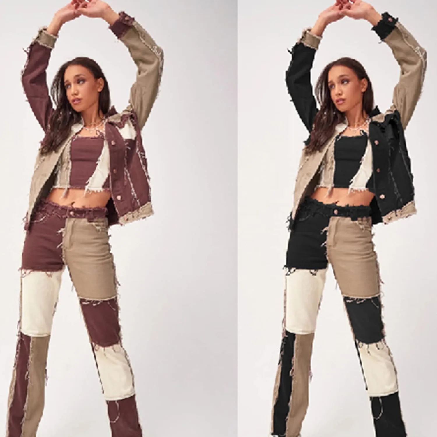 Flygo Women's Destroyed Patchwork Color Block Denim Jacket Jean Coat