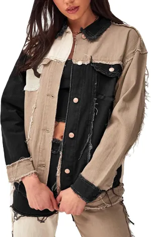 Flygo Women's Destroyed Patchwork Color Block Denim Jacket Jean Coat