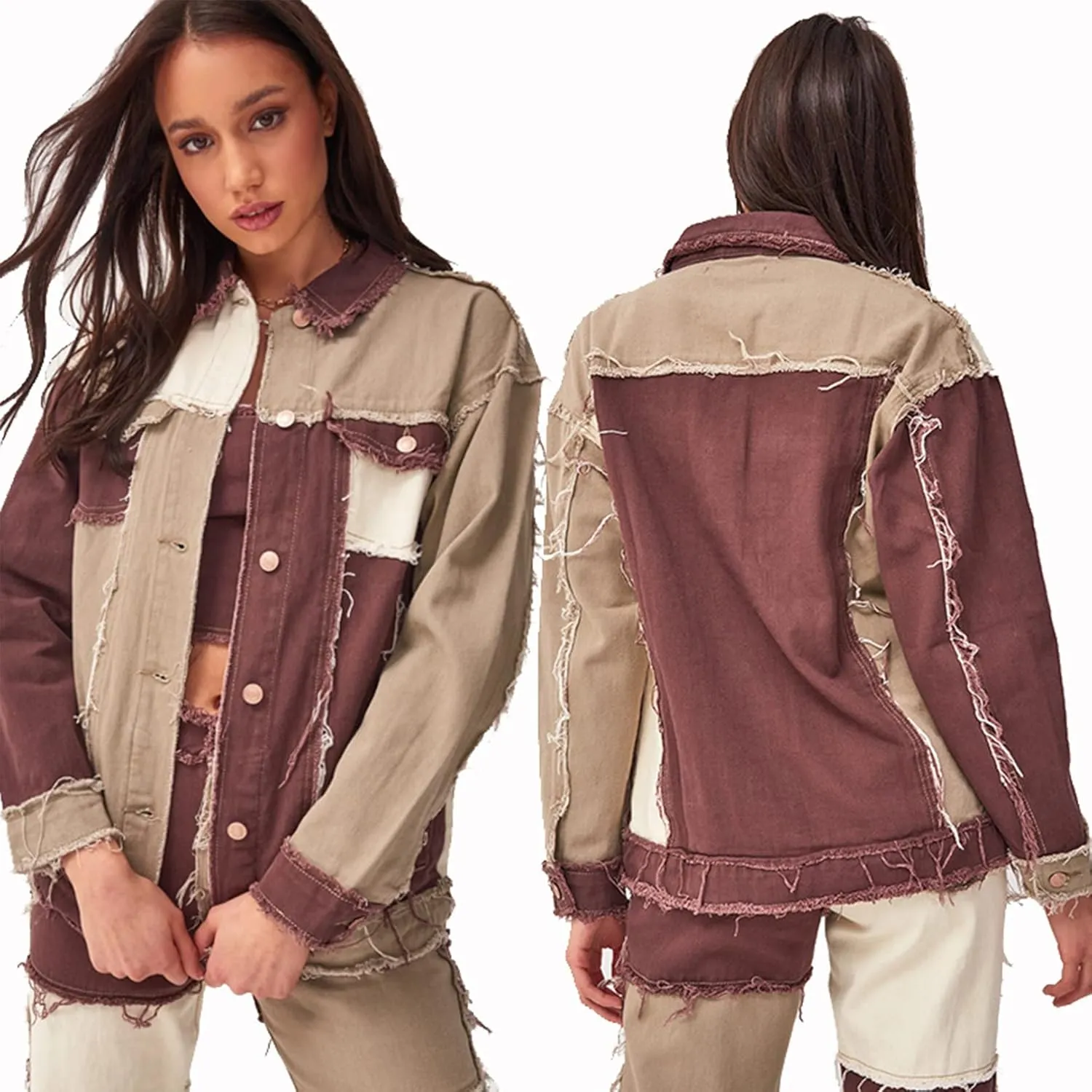 Flygo Women's Destroyed Patchwork Color Block Denim Jacket Jean Coat