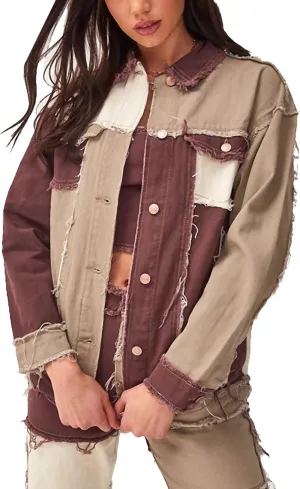 Flygo Women's Destroyed Patchwork Color Block Denim Jacket Jean Coat