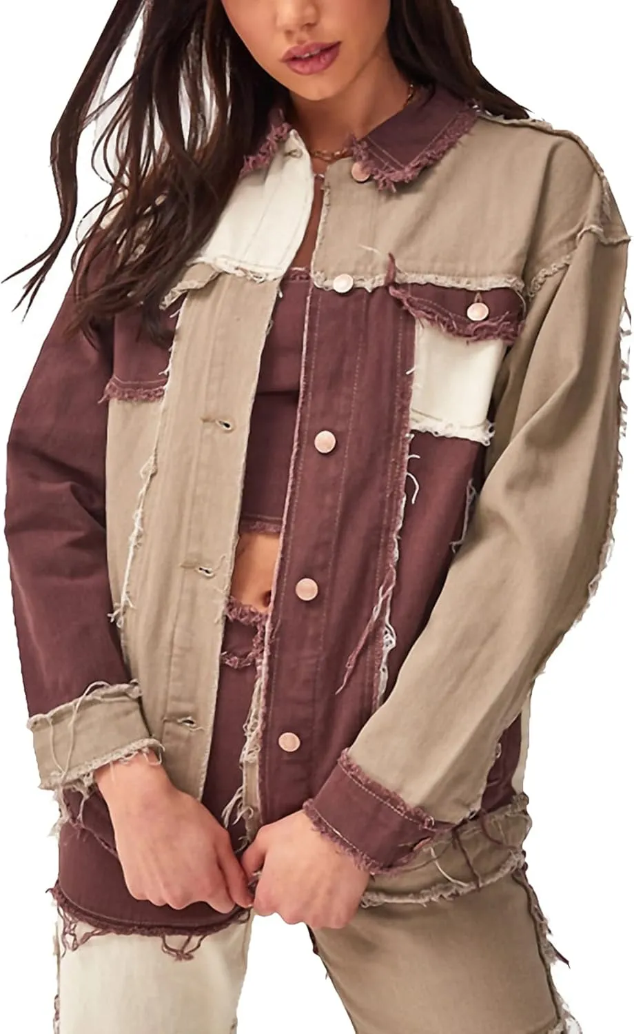 Flygo Women's Destroyed Patchwork Color Block Denim Jacket Jean Coat