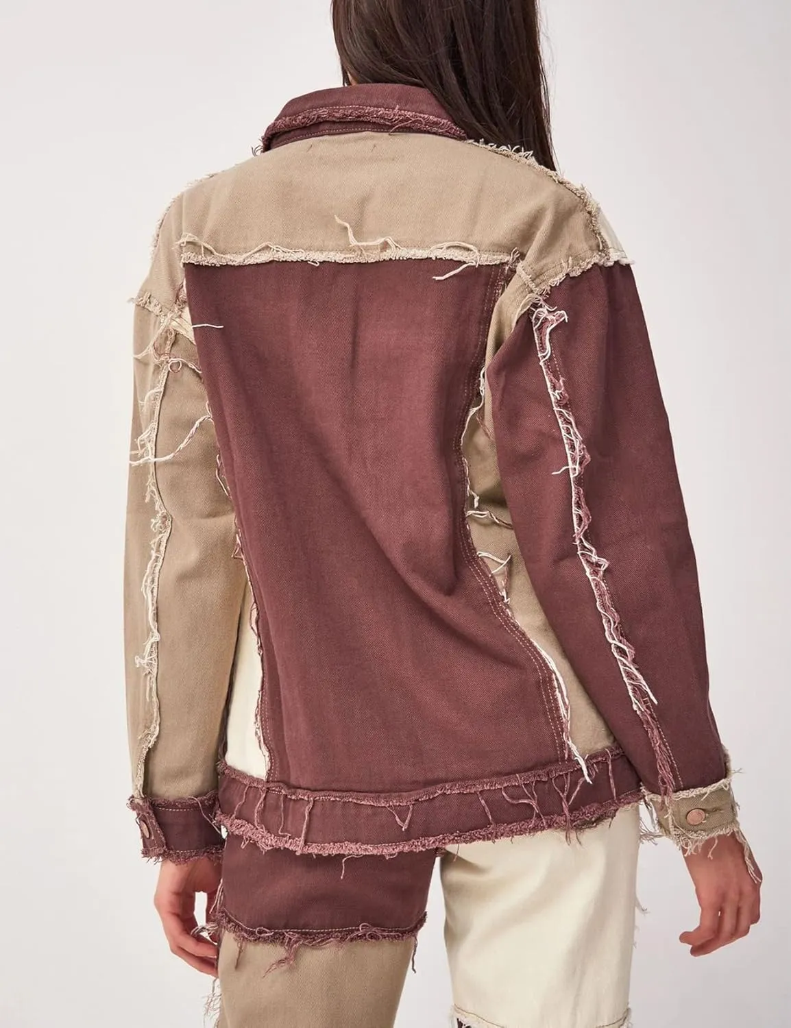 Flygo Women's Destroyed Patchwork Color Block Denim Jacket Jean Coat