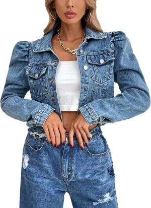 Flygo Women's Fashion Puff Sleeve Frayed Raw Hem Ripped Cropped Jean Denim Jacket