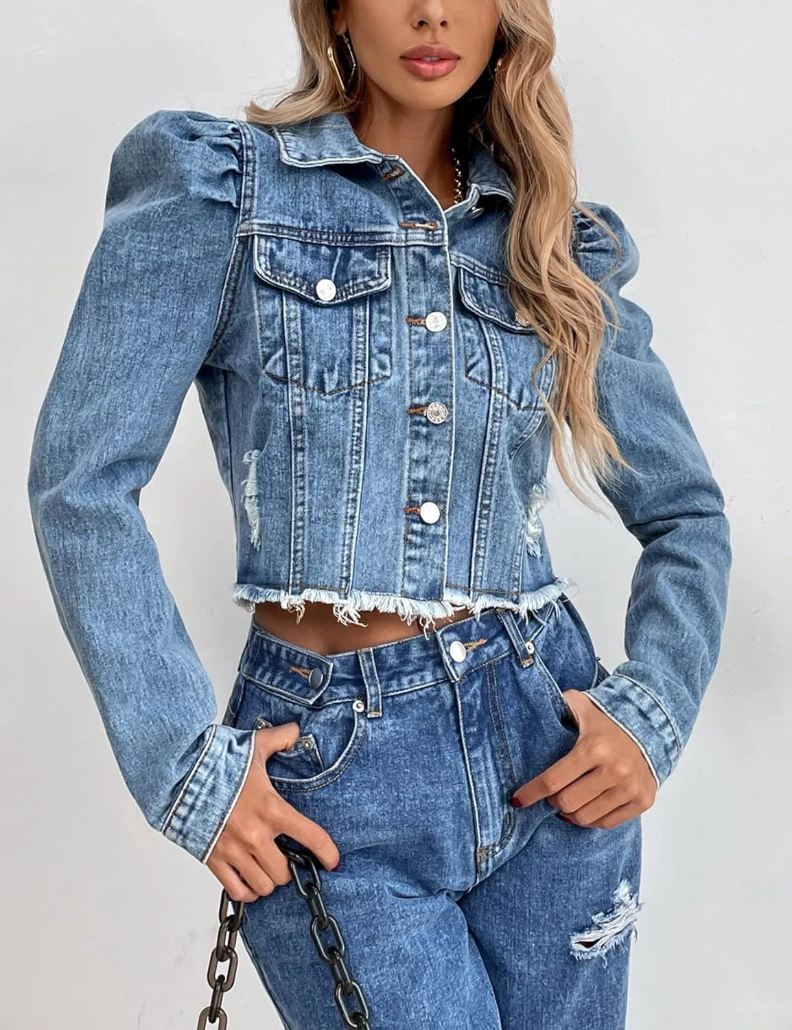 Flygo Women's Fashion Puff Sleeve Frayed Raw Hem Ripped Cropped Jean Denim Jacket
